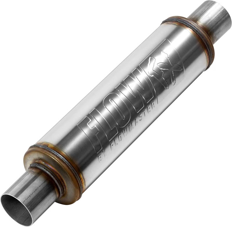 FLOWMASTER Flow FX Chambered Muffler – 2.25” Center In / 2.25” Center Out – Round Body – Moderate Sound – Stainless Steel – Affordable Performance for Modern Trucks, Muscle Cars & Daily Drivers, 71415 - Image 1
